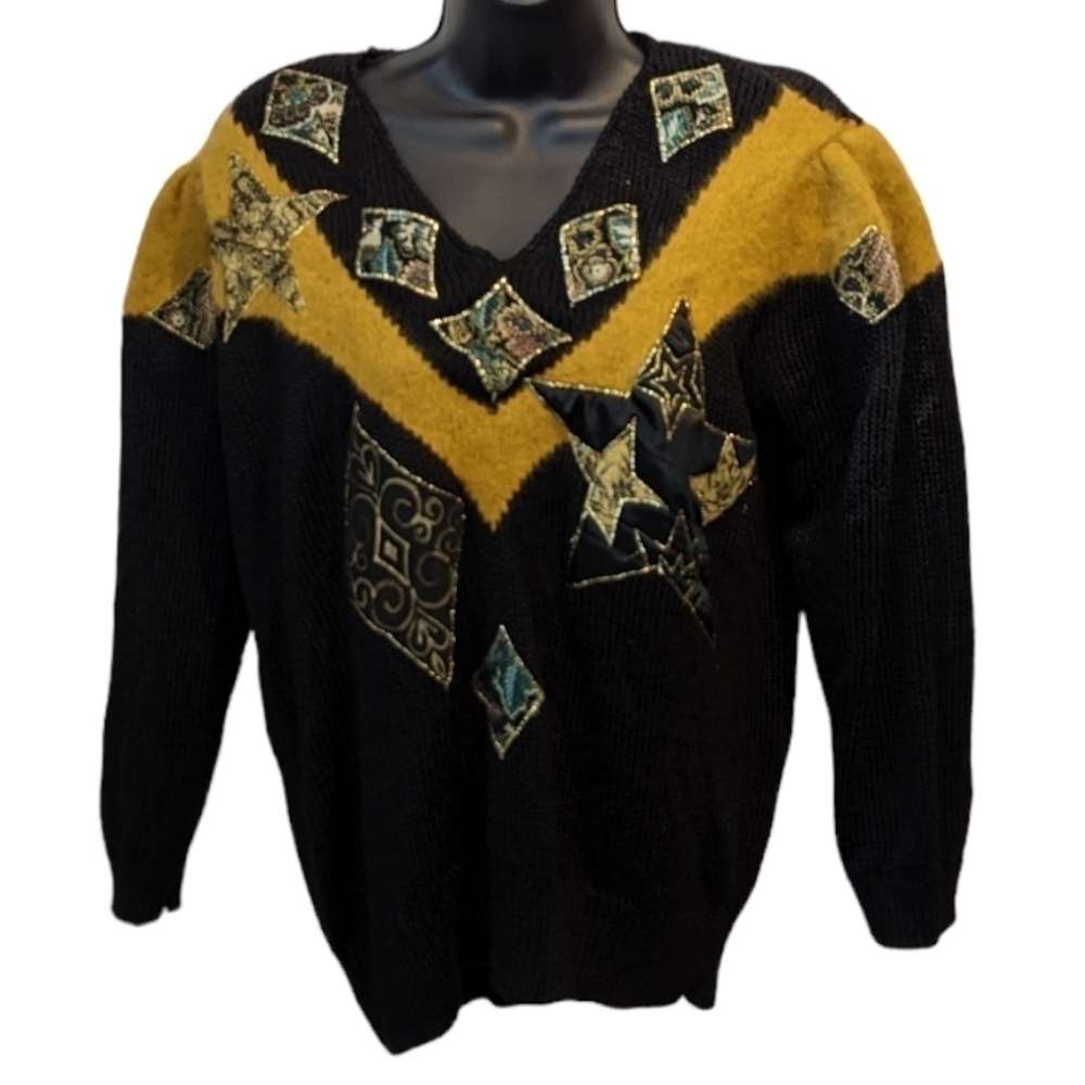 Vintage 80’s Gold embellished Black sweater Puff Sleeves